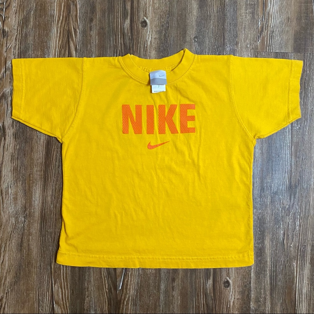 Vintage Y2K Nike Center Swoosh Logo Tee Shirt Youth Size 7 Yellow Gray Tag